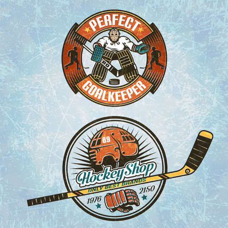 Logo with hockey goalkeeper. Logo for hockey equipment shop or for hockey team. Texture of ice on separate layers and easily disabled.Text grouped separately and can be removed.のイラスト素材