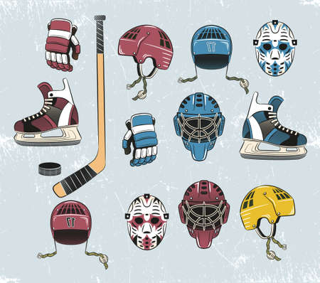 Hockey equipment in a classic retro style. Stick, helmet, hockey gloves, goalie mask, puck, skates.のイラスト素材