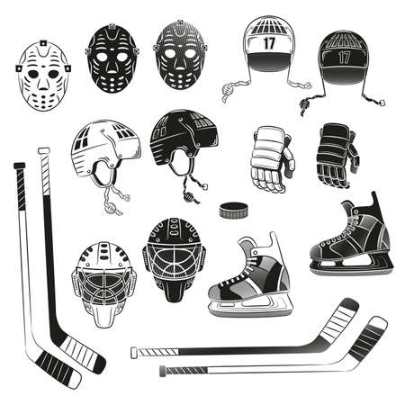 Hockey objects as silhouettes. Hockey helmet, goalie masks, gloves, stick, puck, skating - in monochrome stamp style .のイラスト素材