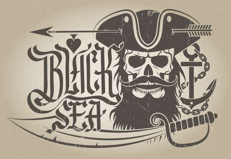 Emblem of skull. Logo on the pirate theme. Captain skull with a beard and a cocked hat. Skull lettering. Shabby textureon a separate layer and can be easily removed.のイラスト素材