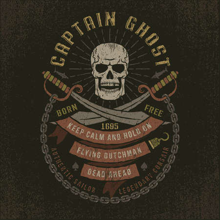 Emblem with a pirate skull in grunge style. Well suited to a T-shirt. Textures and text on separate layers.のイラスト素材