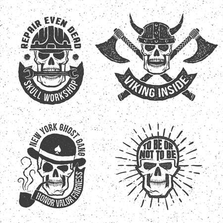 Vintage skull emblems with letterpress or rubber stamp effect. Background on separate layer. Vector illustration.のイラスト素材