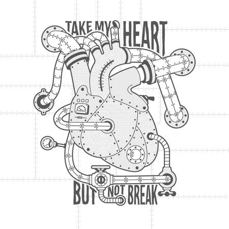 Mechanical heart Image in steampunk style. Heart motor vintage lettering. Background, fill, stroke, hatching and text on separate layers. Full editable vector illustration.のイラスト素材