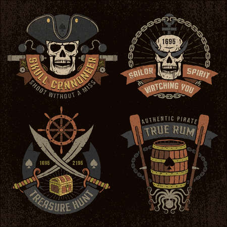 Pirate emblem with skulls and grunge texture.  text, background and grunge texture on separate layers.のイラスト素材