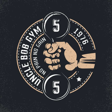 Uncle Bob's gym, or any other - just change the text. Hand with dumbbells in vintage style. Grunge texture on separate layers.のイラスト素材