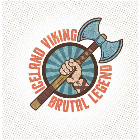 Iceland viking, emblem, mascot in vintage style - a warrior hand is holding a two-edged ax. Textures and background on separate layers.のイラスト素材