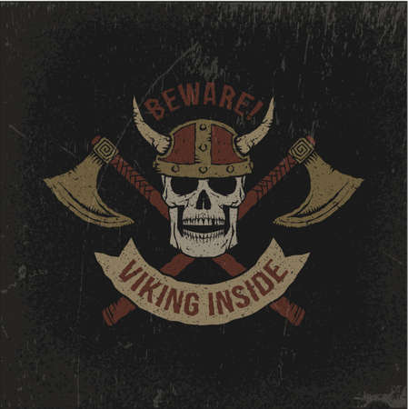 Grunge Viking. Skull in a horned helmet with crossed axes on a dark background with noise and scratches. Textures on separate layers - easily editable.のイラスト素材