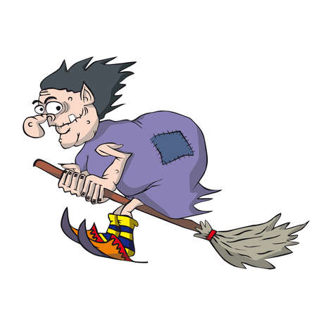 Funny witch flying on a broomstick. Cartoon hag in purple cloak.のイラスト素材