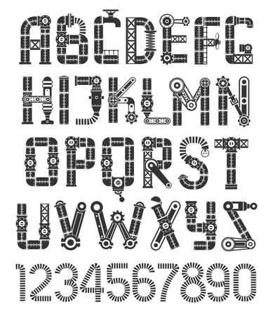 Steampunk black font. Original vintage industrial alphabet.のイラスト素材