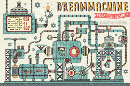 Fantastic steampunk machine in vintage style. Interweaving pipe units, pressure gauges, devices, components. Retro texture on a separate layer.のイラスト素材