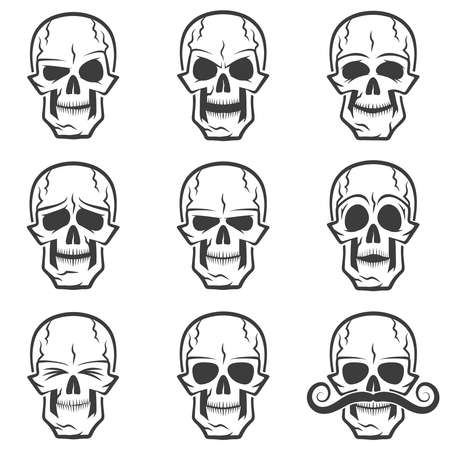 Skull emotions set. Wary skull, evil skull, funny skull, skull surprised,skull with eyes closed,  serious skull, sad skull, skull with mustache.のイラスト素材