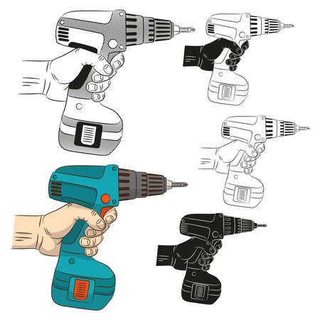 Hand with electric screwdriver. Realistic drawing hand with electric screwdriver in different versions: color, contour, silhouette.のイラスト素材