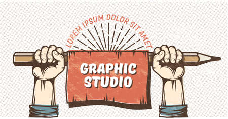 Template, poster, banner for graphics, art, design studio in vintage style. Hands with a big pencil and a flag with space for text. Background, texture, text and outline on separate layers.のイラスト素材