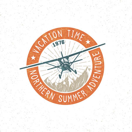 Retro adventure, emblem, badge with a light aircraft flying over mountains. Vector illustration. Grunge texture and background on separate layers.のイラスト素材