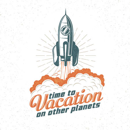 Vacation retro, poster with flying up rocket. Start spaceship. Retro texture on a separate layer.のイラスト素材
