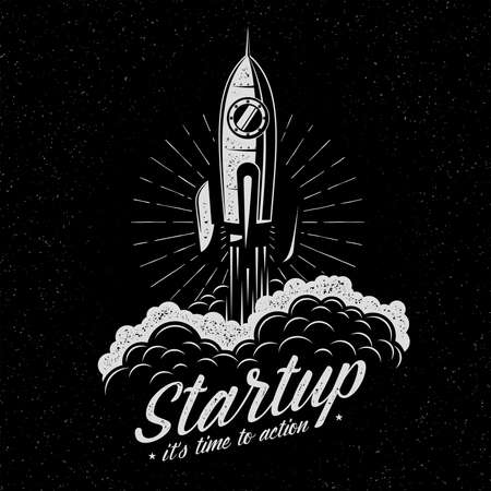 Rocket takes off startup symbol in retro vintage style. Launched spaceship. Textures and background on separate layers.のイラスト素材