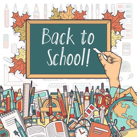 Hand amongst stationery writing on blackboard back to school. Layered vector illustration. Elements are drawn separately and can be extracted from the clipping mask.のイラスト素材