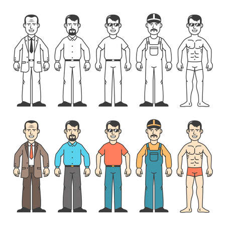 Cartoon man  in  different clothing with different parts of face and hair styles. Black and white and color version.のイラスト素材