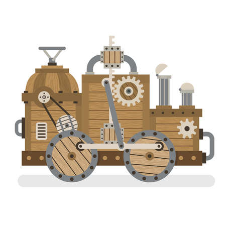 Fantastic strange wooden retro machine with mechanisms, gears, pipes, wheels. Layered vector illustration - easy to edit.のイラスト素材