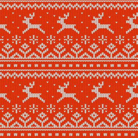 Festive knitted seamless pattern with gorizontal ornament and reindeer on a red background. Included in the swathes panel.のイラスト素材