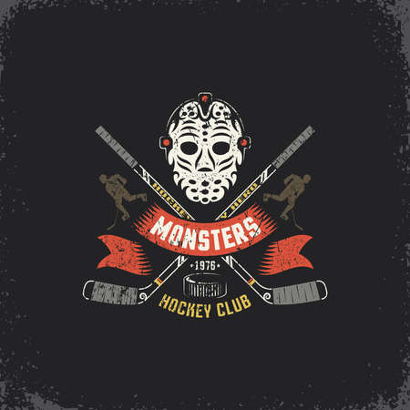 Hockey logo, mascot for sport team,  club,  league with retro goalie mask, crossed sticks, player silhouette and ribbon. Grunge texture on separate layers, easily edited.のイラスト素材