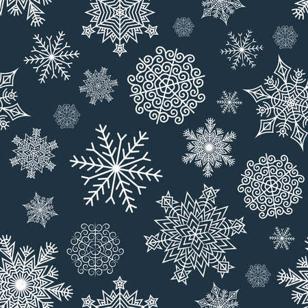 Seamless pattern of white snowflakes on a dark blue background. Included in swatches background.のイラスト素材
