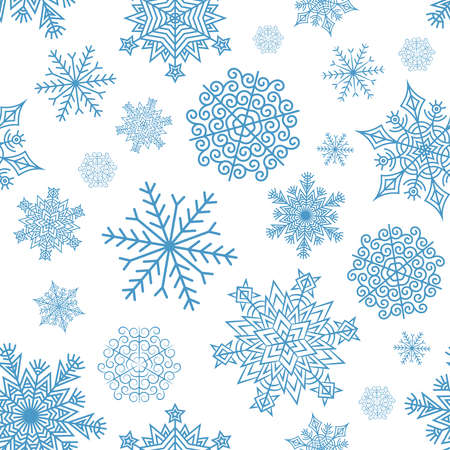 Seamless pattern of intricate blue snowflakes on a white background. Included in swathes panel.のイラスト素材