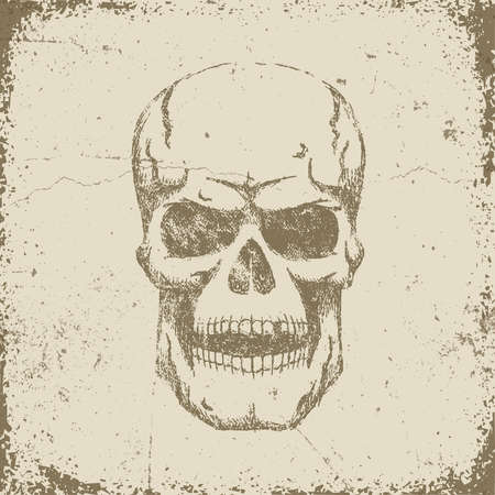 Vintage retro skull in grungy worn style. Textures and background on separate layers.のイラスト素材