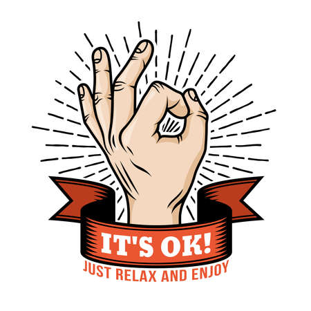 Ok hand gesture retro design template with ribbon and sunburst. Vector illustration.のイラスト素材