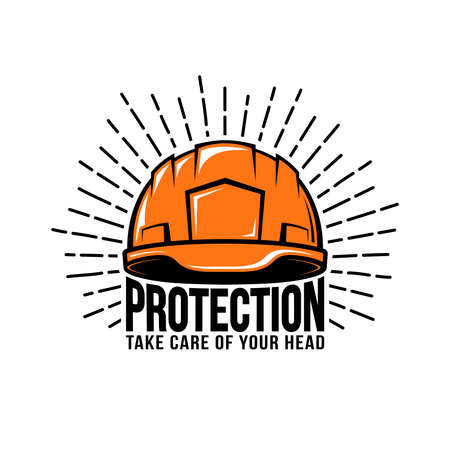 Oldschool, retro, hipster logo with worker, builder helmet or hard hat, sunburst, inscription on a white background. Vector illustration.のイラスト素材