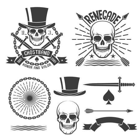 Hipster renegade logos with skulls and elements to them. Vector illustration.のイラスト素材