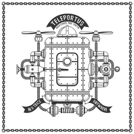 Fantastic metal steampunk flying machine for teleportation. It consists of an armored corps, pipes, cables, propellers, valve units, and other devices. Shadows on a separate layer and can be easily disabled.のイラスト素材