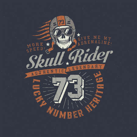 Racer authentic retro logo with skull in helmet and glasses in hipster style. Worn texture on a separate layer and can be easily disabled.のイラスト素材