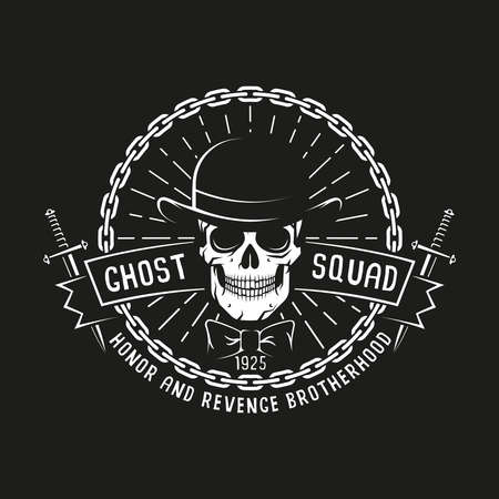 Vintage bandit logo with skull in bowler hat, daggers, ribbon, chain and sunburst on a black background. Vector illustration.のイラスト素材
