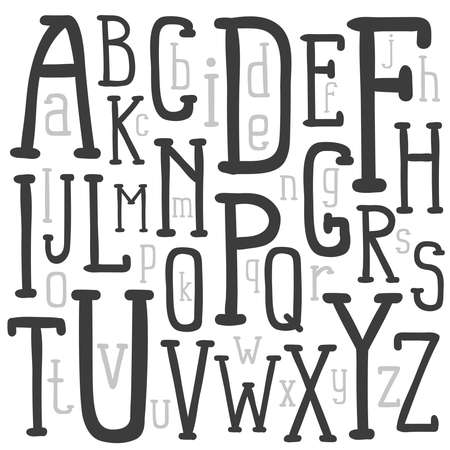 Hipster hand-drawn alphabet - uppercase and lowercase letters of various sizes randomly placed in a square. Black-and-white version. Vector illustration.のイラスト素材