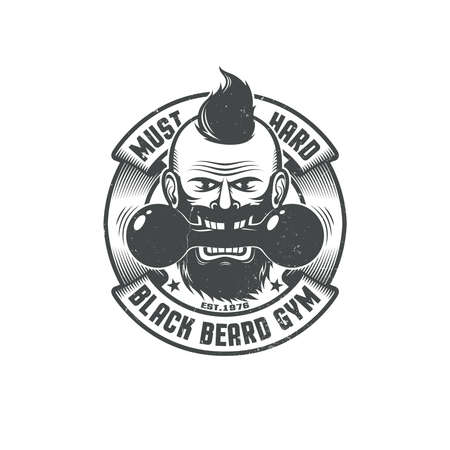 Gym logo template. A bearded man with a hipster hairdo holds a dumbbell in his teeth against the background of a circular ribbon with inscriptions. Worn texture on separate layer.のイラスト素材