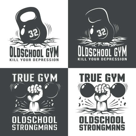 Gym old-school logos on white and black background. The fallen weight. Hand with retro dumbbell punching the floor from the bottom.のイラスト素材