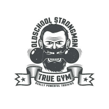 Emblem of  athletic club with a bearded face, dumbbells and a ribbon in retro style. Grunge texture on separated layer.のイラスト素材