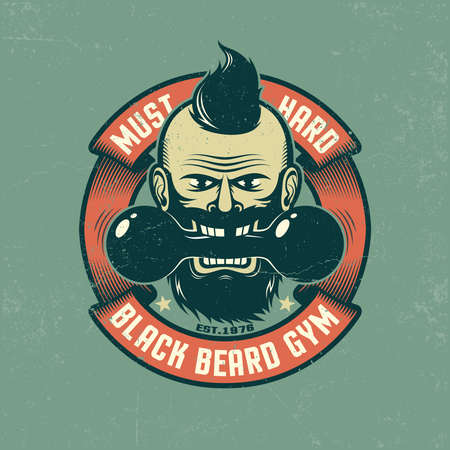 Bearded man holds in his mouth an old dumbbell. Grunge poster in retro colors. Shabby texture on separate layers and can be easily disabled.のイラスト素材