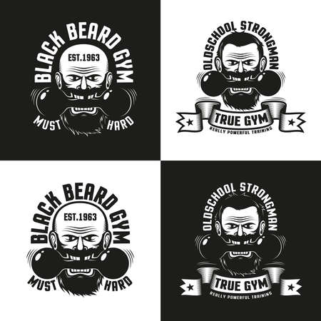 Old school logo of the gym with a bearded man holding a dumbbell in his teeth. Versions for dark and light backgrounds.のイラスト素材