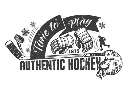 Hockey monochrome concept template with equipment and inscriptions, for poster, print or tattoo. Grunge texture on a separate layer.のイラスト素材