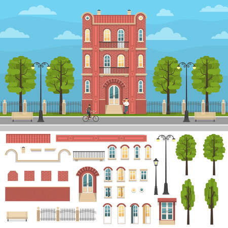 Design set for buildings, houses creating.  Parts of brick walls, roof, facade. Windows, balconies and doors. Elements of the street environment.のイラスト素材