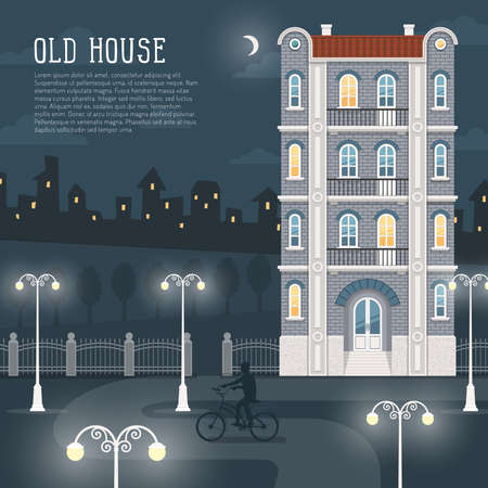 Night cityscape. An old four-story brick house, a path illuminated by street lamps, the silhouette of a bicyclist. In the background, city lights. Illustration is convenient for rearrangement.のイラスト素材