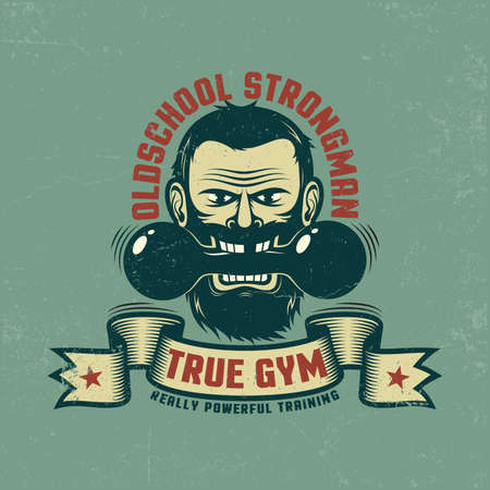 Retro emblem for the gym. Bearded man with a vintage dumbbell and ribbon. Grunge textures on a separate layer and easily disabled.のイラスト素材