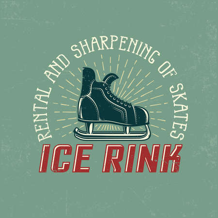 Vintage logo for ice rink with retro hockey skate, sunburst and inscriptions. Grunge textures on a separate layer and easily disabled.のイラスト素材