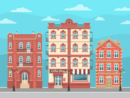 
City street with vintage houses and lanterns. Vector illustration easy to rebuild.のイラスト素材