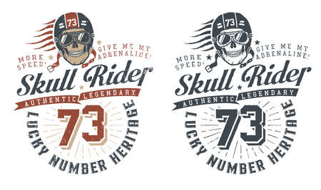 Skull rider in helmet with words in vintage style. Retro hipster emblem, concept. Vector illustration.
Worn texture on a separate layer and can be easily disabled.のイラスト素材
