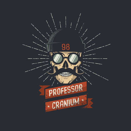 Stylish skull wearing hat, glasses, and mustache with ribbon and professor cranium words. Retro hipster emblem. Vector illustration.
Worn texture on a separate layer and can be easily disabled.のイラスト素材