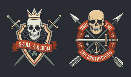 Skulls on shield logos of skull kingdom and sail brotherhood with arrows and swords crossed.  Vector illustration.のイラスト素材
