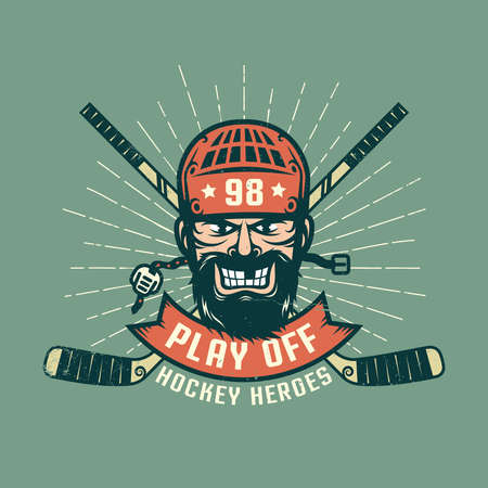 Retro playoff logo with bearded hockey player, crossed sticks and sunburst. Worn texture on a separate layer and can be easily disabled.のイラスト素材